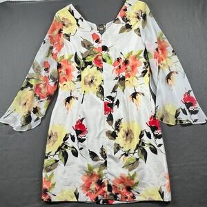 Robbie Bee Floral Sheath Dress Party Cocktail Bell Sleeve‎ White Size 6